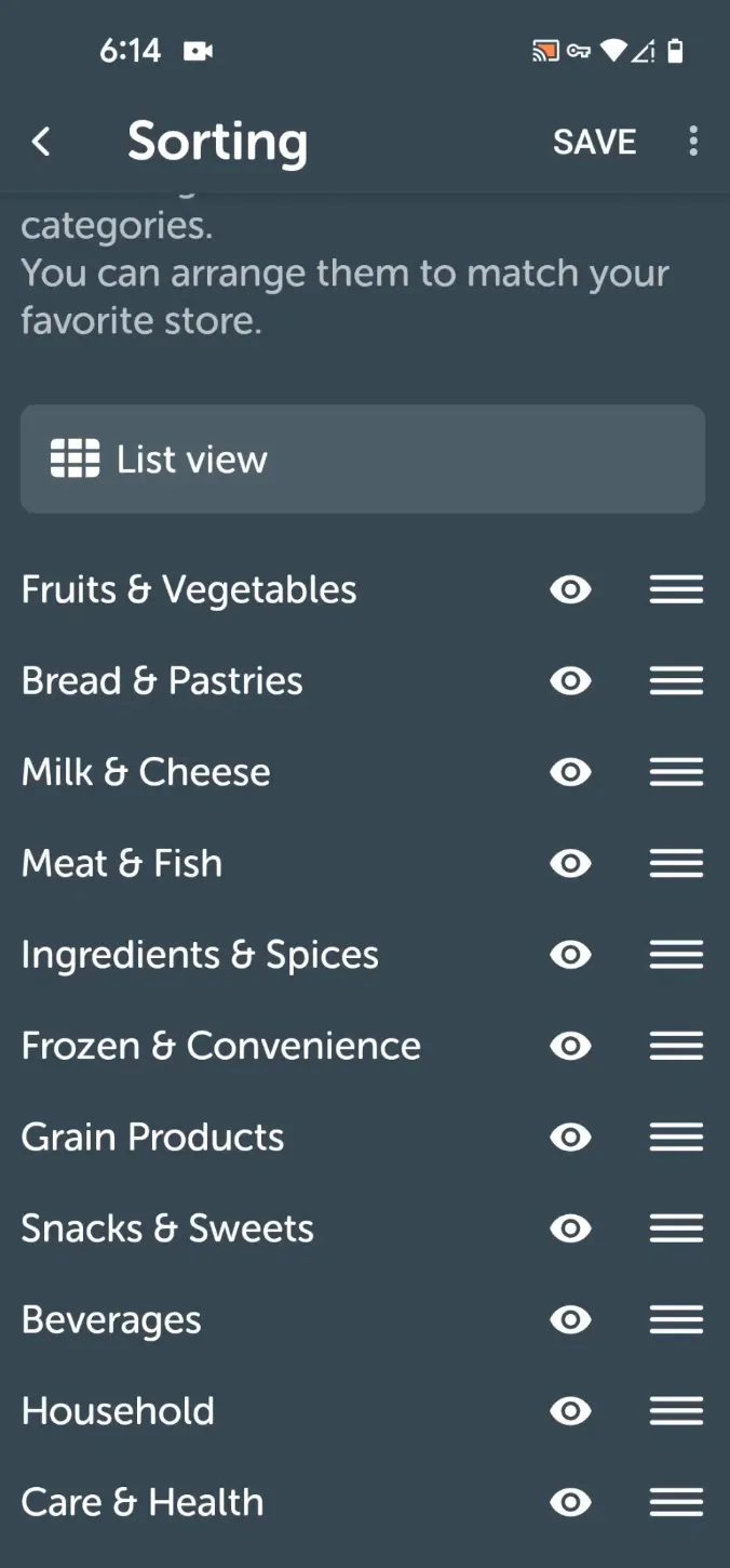 Bring!'s Sorting screen listing categories such as Fruits & Vegetables, Bread & Pastries, Milk & Cheese, Meat & Fish, and Ingredients & Spices, each with a drag handle to reorder them