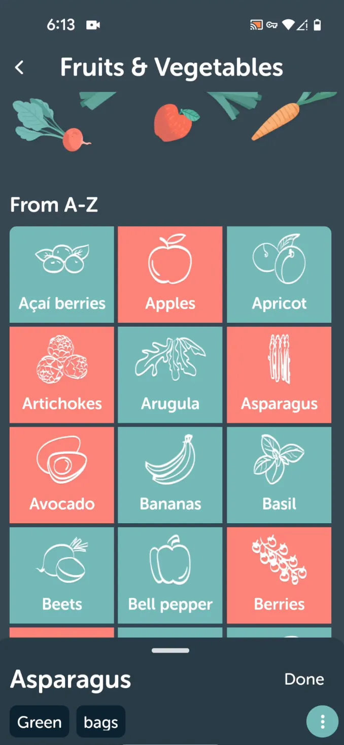 Bring!'s Fruits & Vegetables catalog browsed A-Z, with icon tiles for Açaí berries, Apples, Apricot, Artichokes, Arugula, Asparagus, Avocado, Bananas, Basil, Beets, Bell pepper and Berries