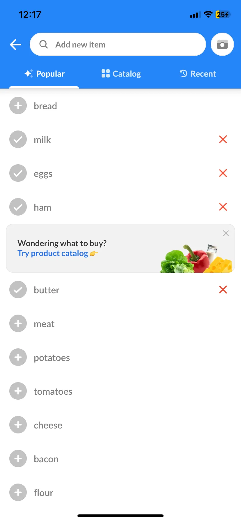 Listonic's add-item screen with an "Add new item" search bar and Popular, Catalog and Recent tabs, showing bread, milk, eggs, ham and butter as tappable suggestions