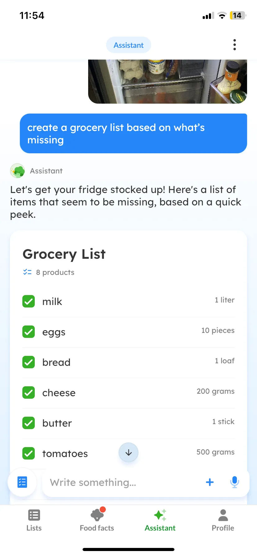 Listonic's assistant responding to a photo of a fridge with a generated grocery list of 8 products including milk, eggs, bread, cheese, butter, and tomatoes