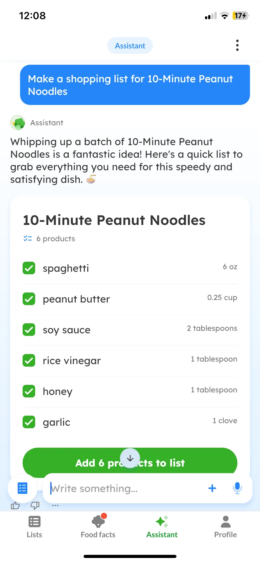 Listonic's assistant responding to "Make a shopping list for 10-Minute Peanut Noodles" with a 6-product list of spaghetti, peanut butter, soy sauce, rice vinegar, honey and garlic, and an "Add 6 products to list" button