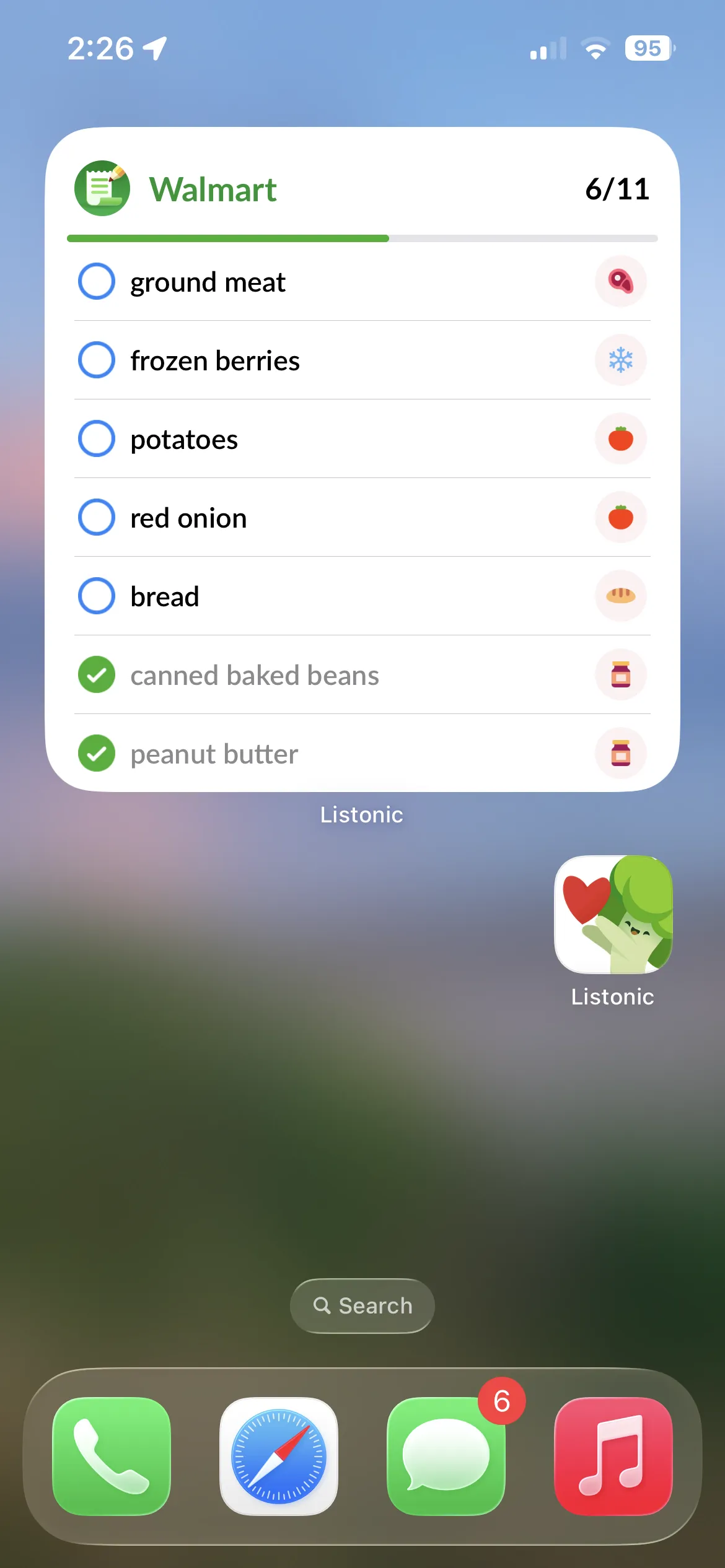 An iPhone home screen widget for Listonic's Walmart list, showing 6 of 11 items checked off with a progress bar, including ground meat, frozen berries, potatoes, red onion and bread still to buy