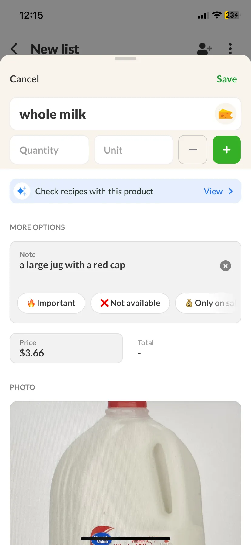Listonic's item detail sheet for whole milk, showing a note reading "a large jug with a red cap," a price of $3.66, and an attached photo of the milk jug