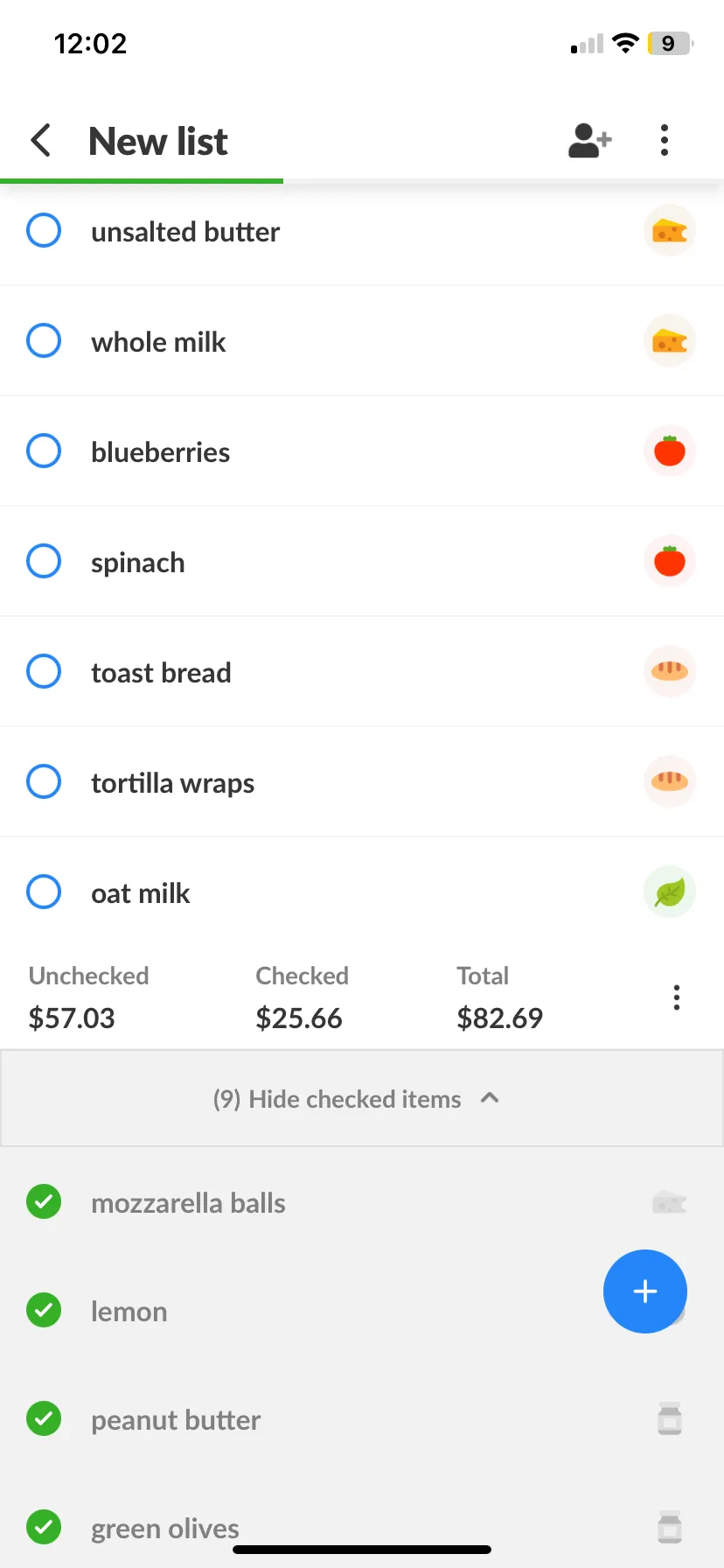 A Listonic list with unsalted butter, whole milk, blueberries, spinach, toast bread, tortilla wraps and oat milk, showing Unchecked $57.03, Checked $25.66 and Total $82.69, with nine checked-off items collapsed below