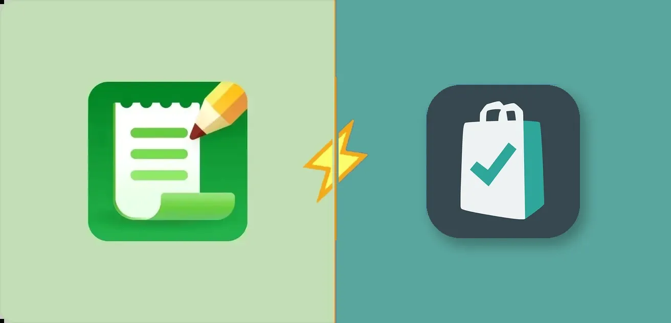 Listonic and Bring! app icons side by side, split by a lightning bolt
