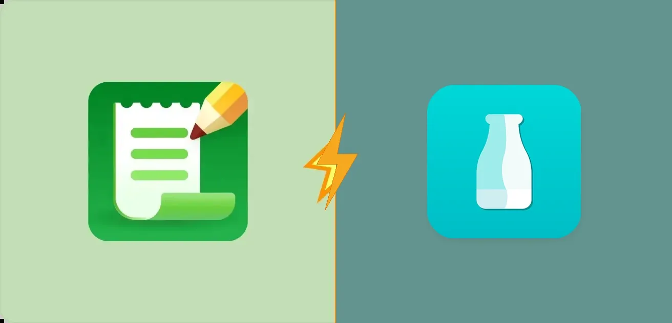 Listonic and Out of Milk app icons side by side, split by a lightning bolt