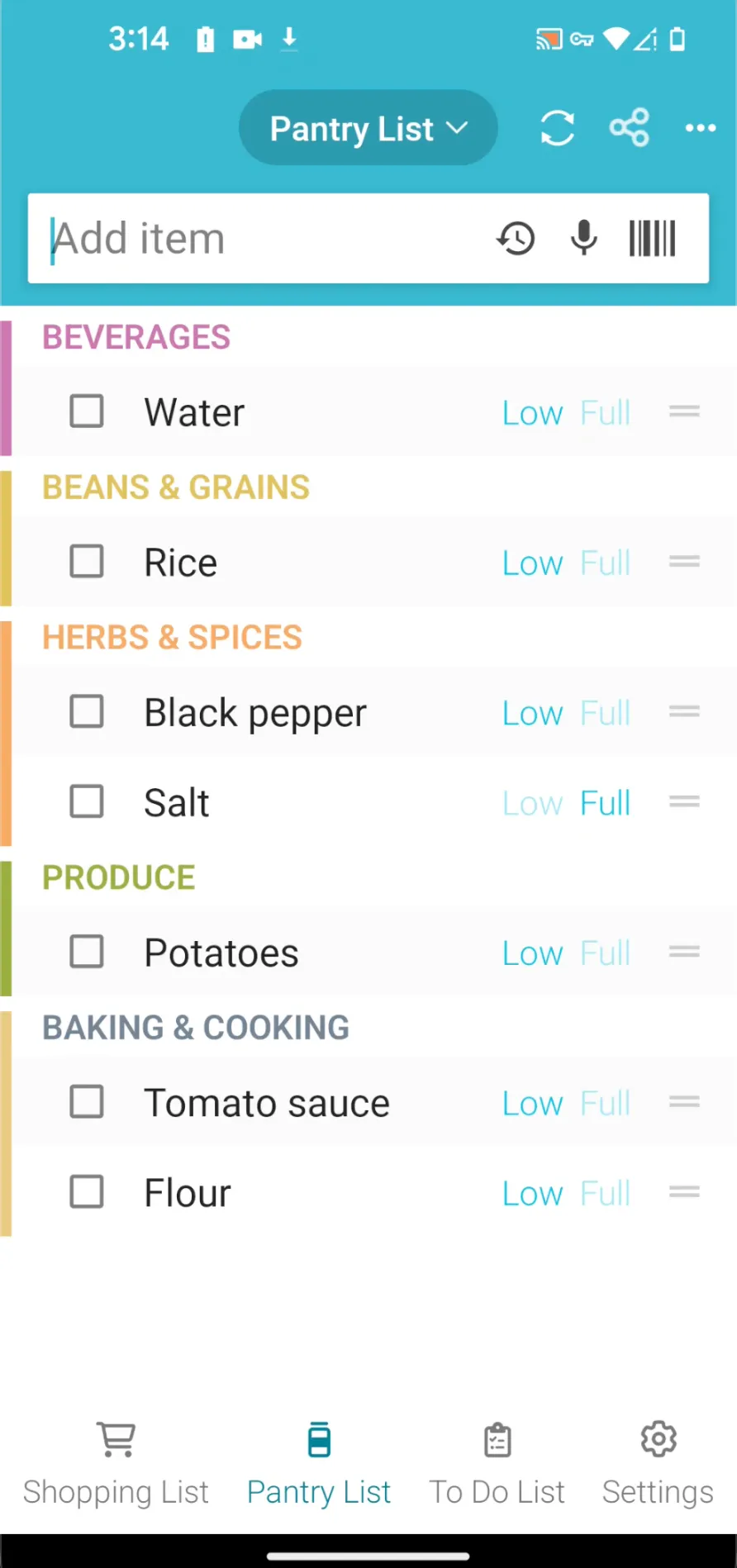 Out of Milk's Pantry List grouped by Beverages, Beans & Grains, Herbs & Spices, Produce and Baking & Cooking, with water, rice, black pepper, salt, potatoes, tomato sauce and flour each set to a Low or Full stock status