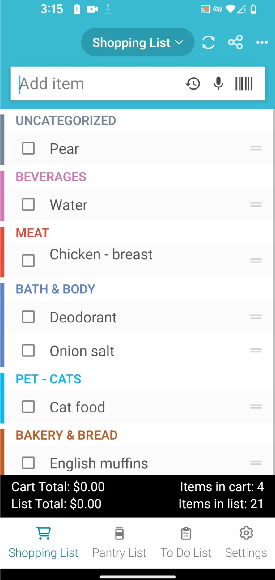 Out of Milk's shopping list grouped into color-coded categories including Uncategorized, Beverages, Meat, Bath & Body, Pet - Cats and Bakery & Bread, with a cart total and list total bar at the bottom